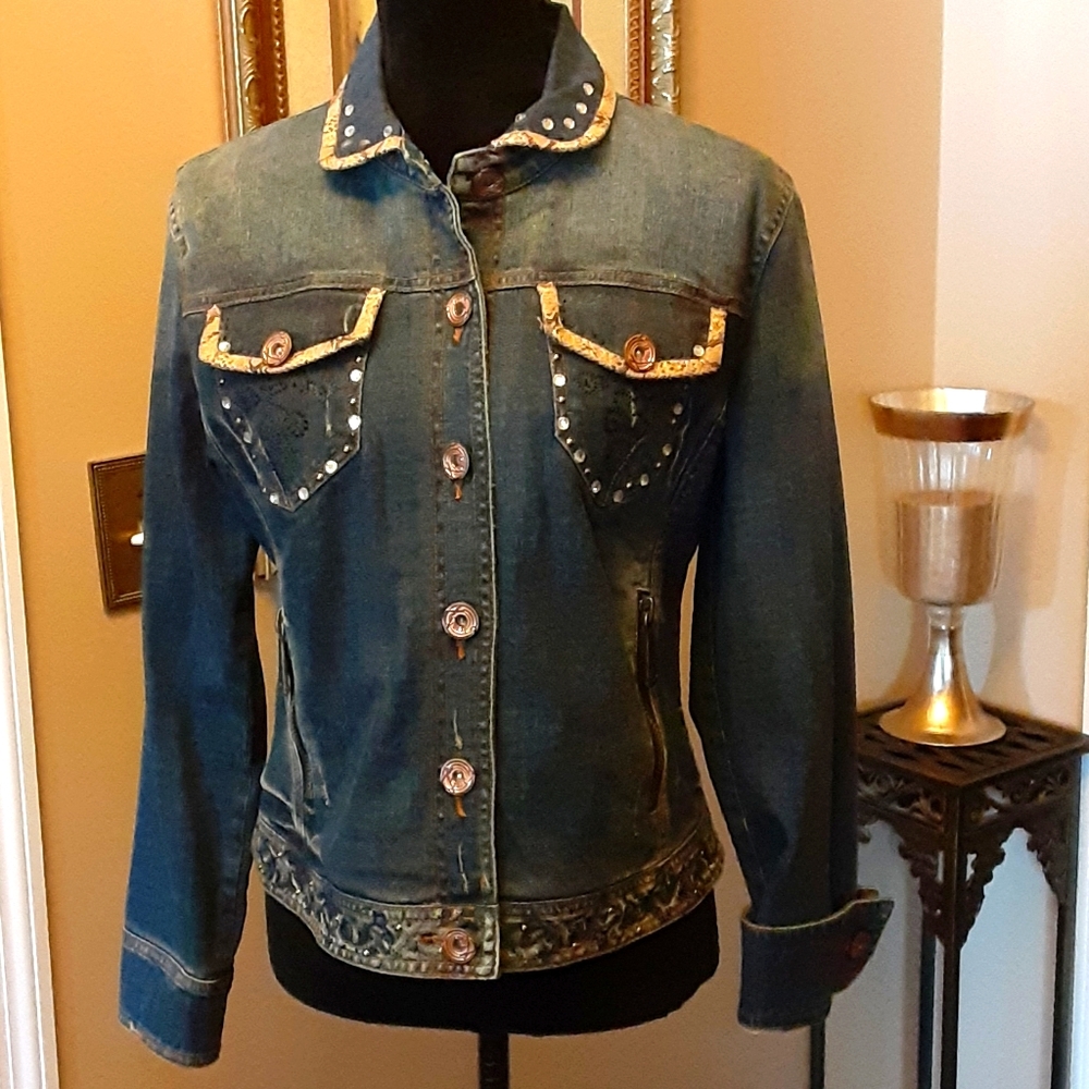 V Cristina Bling Distressed Lined Blue Jean Denim Stretch Jacket Medium …EUC